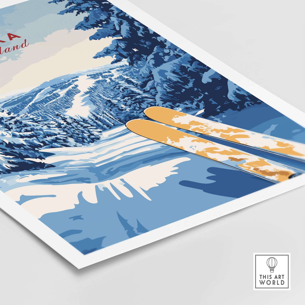 Ruka Ski Trail Print featuring snowy slopes and skis, perfect wall art for ski enthusiasts and Finland lovers.