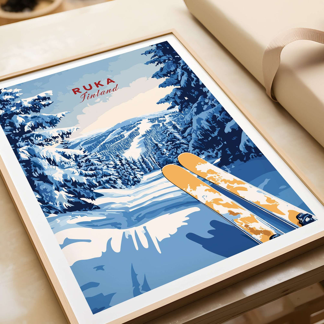 Ruka Ski Trail Print featuring bright blue tones and snow-covered trees, perfect for ski enthusiasts seeking Finland decor.