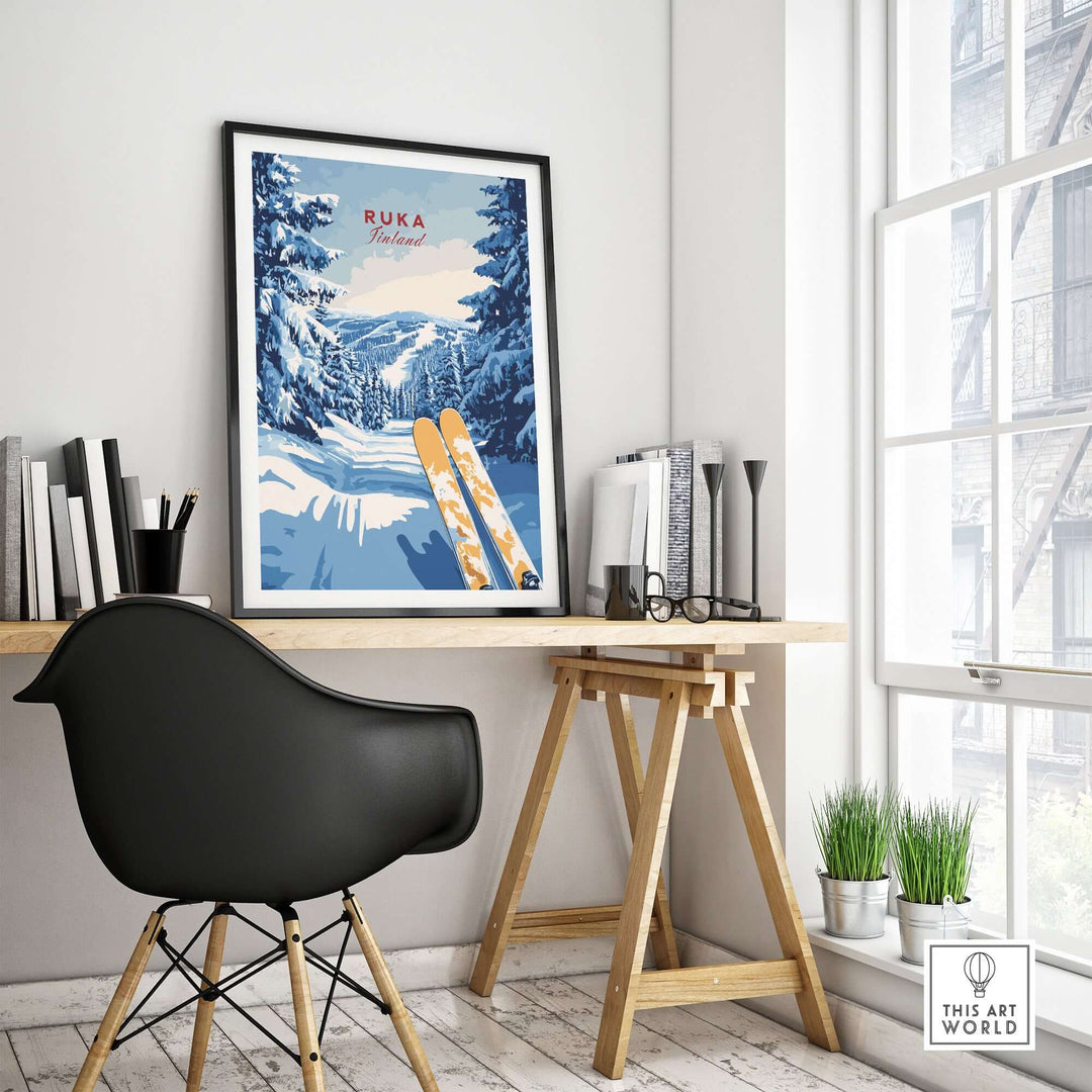 Ruka Ski Trail print featuring a snow-covered forest in a stylish interior, perfect wall art for ski enthusiasts.