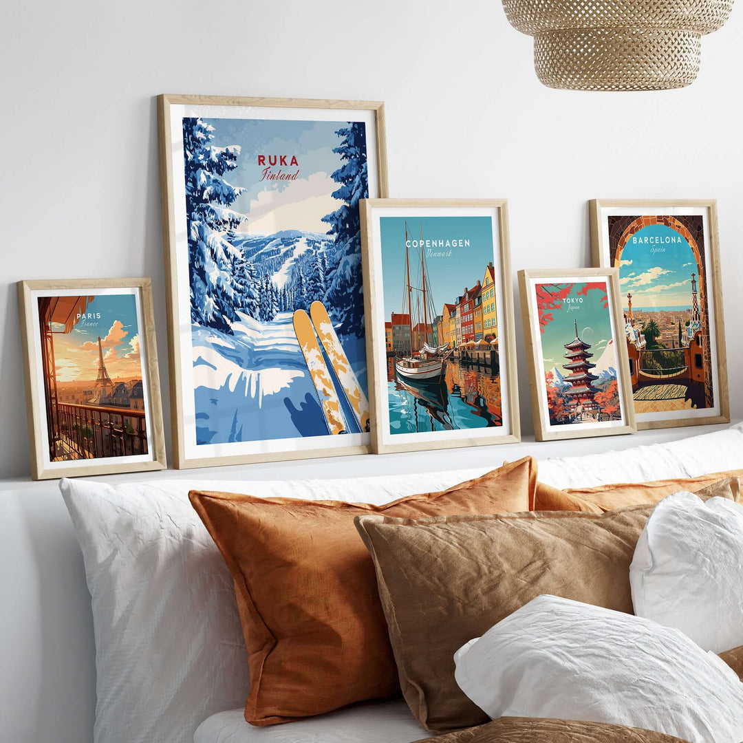Ruka Ski Trail Print and European city posters displayed together on a cozy living room wall.