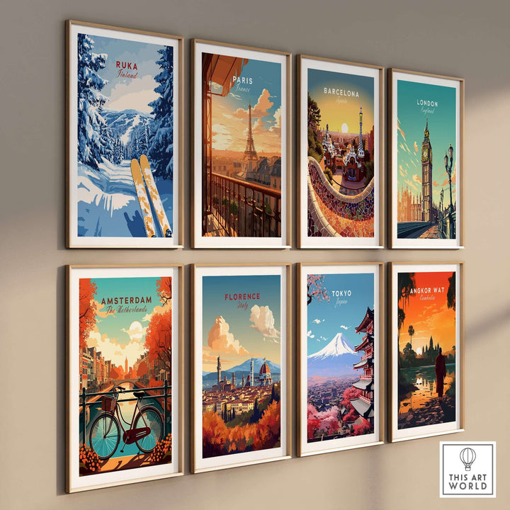 Collection of vibrant travel posters featuring Ruka, Paris, Barcelona, London, Amsterdam, Florence, Tokyo, and Bangkok.