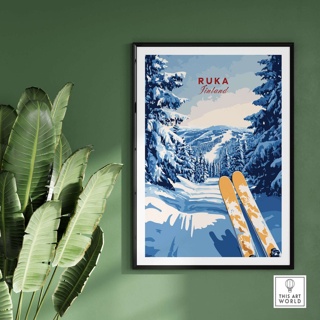 Ruka Ski Trail Print poster showcasing snow-covered forest and skis, perfect for winter enthusiasts and home decor.