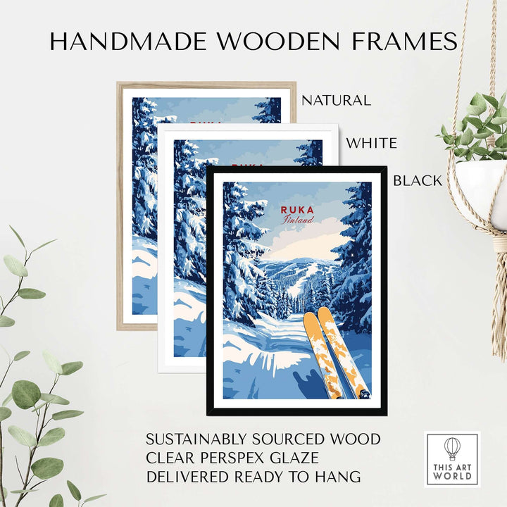 Handmade wooden frames for Ruka Ski Trail print in natural, white, and black options, sustainably sourced wood.