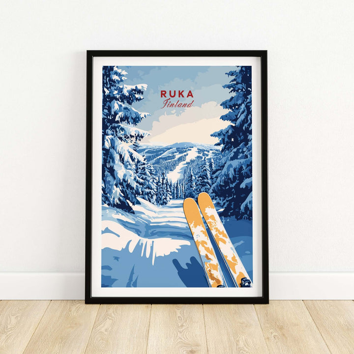 Ruka Ski Trail Print featuring skis in a snowy forest, capturing the beauty of Finnish winter slopes.