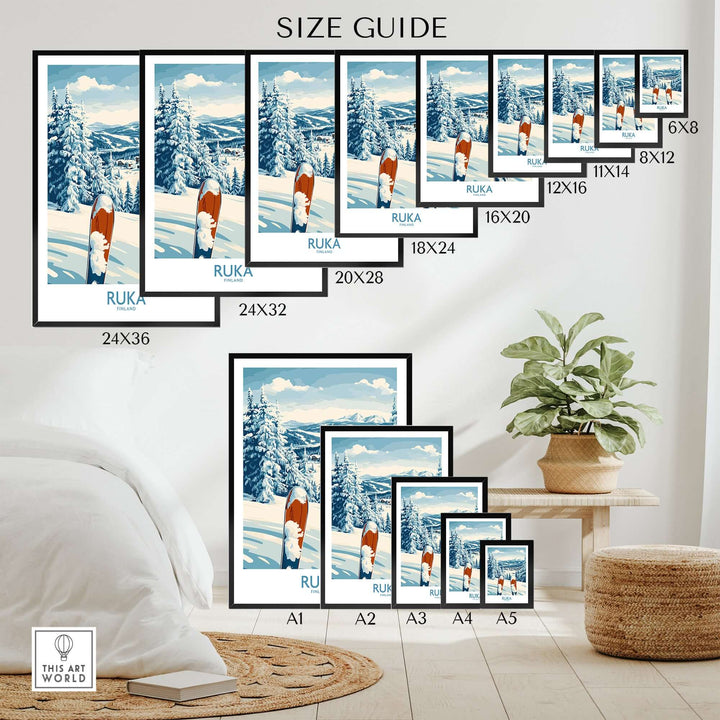 Size guide for Ruka Ski Wall Art Print showcasing various frame sizes in an appealing home decor setting.