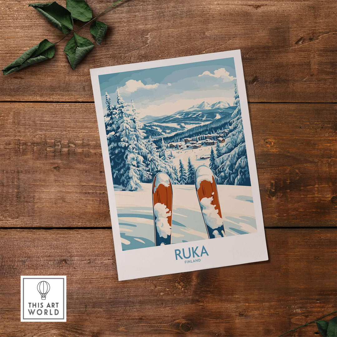Ruka Ski Wall Art Print featuring skis overlooking snow-covered mountains and trees in a vibrant Scandinavian style.