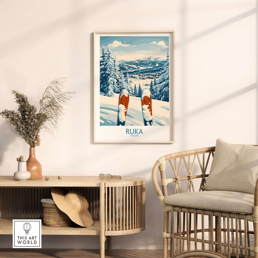 Ruka Ski Wall Art Print featuring vibrant ski scene in snow-covered mountains, perfect for adventure lovers' home decor.