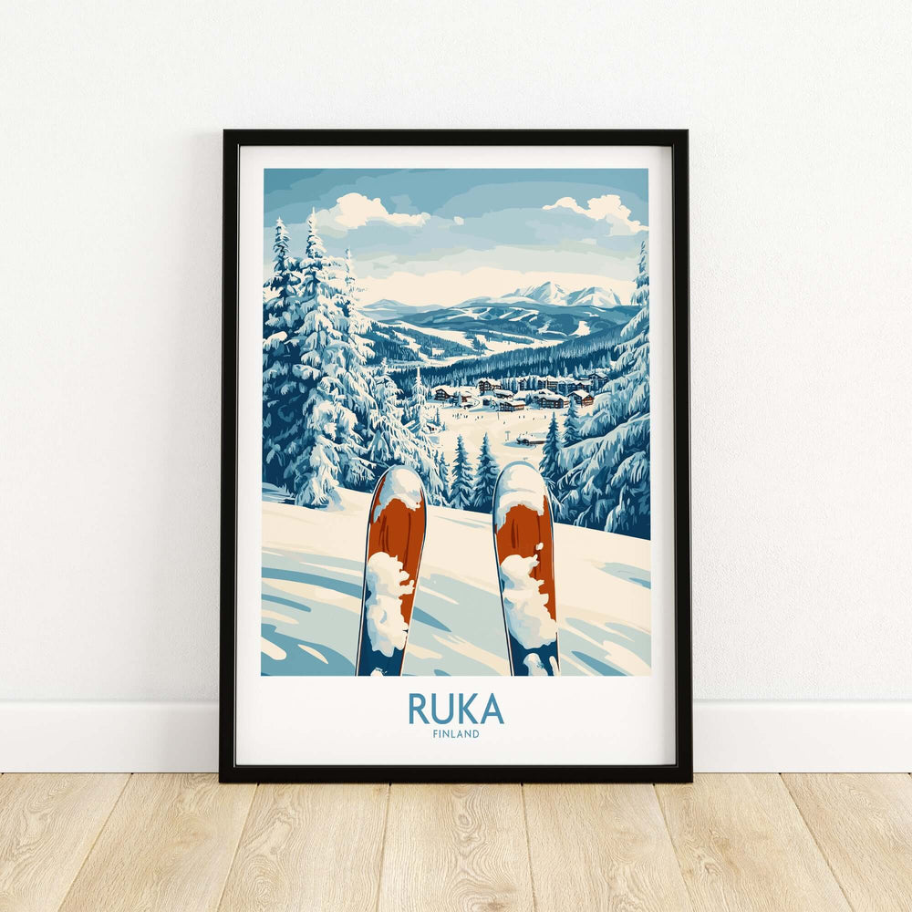 Ruka Ski Wall Art Print featuring snowy mountains and ski equipment, ideal for adventure lovers and home decor.