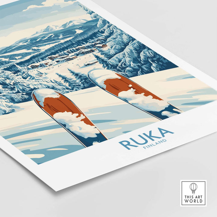 Ruka Ski Wall Art Print featuring skis and a snowy landscape, perfect for adventure lovers' home decor.
