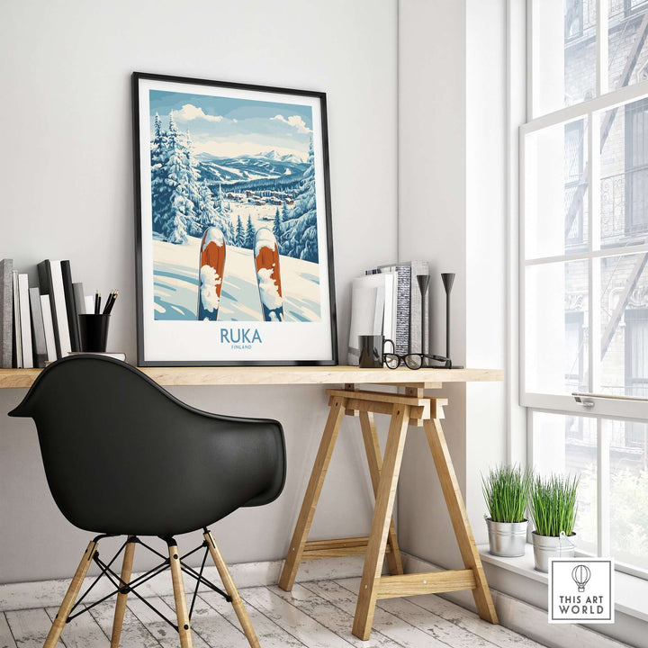 Ruka Ski Wall Art Print displayed in a stylish home office, showcasing vibrant skiing scenery and modern decor.