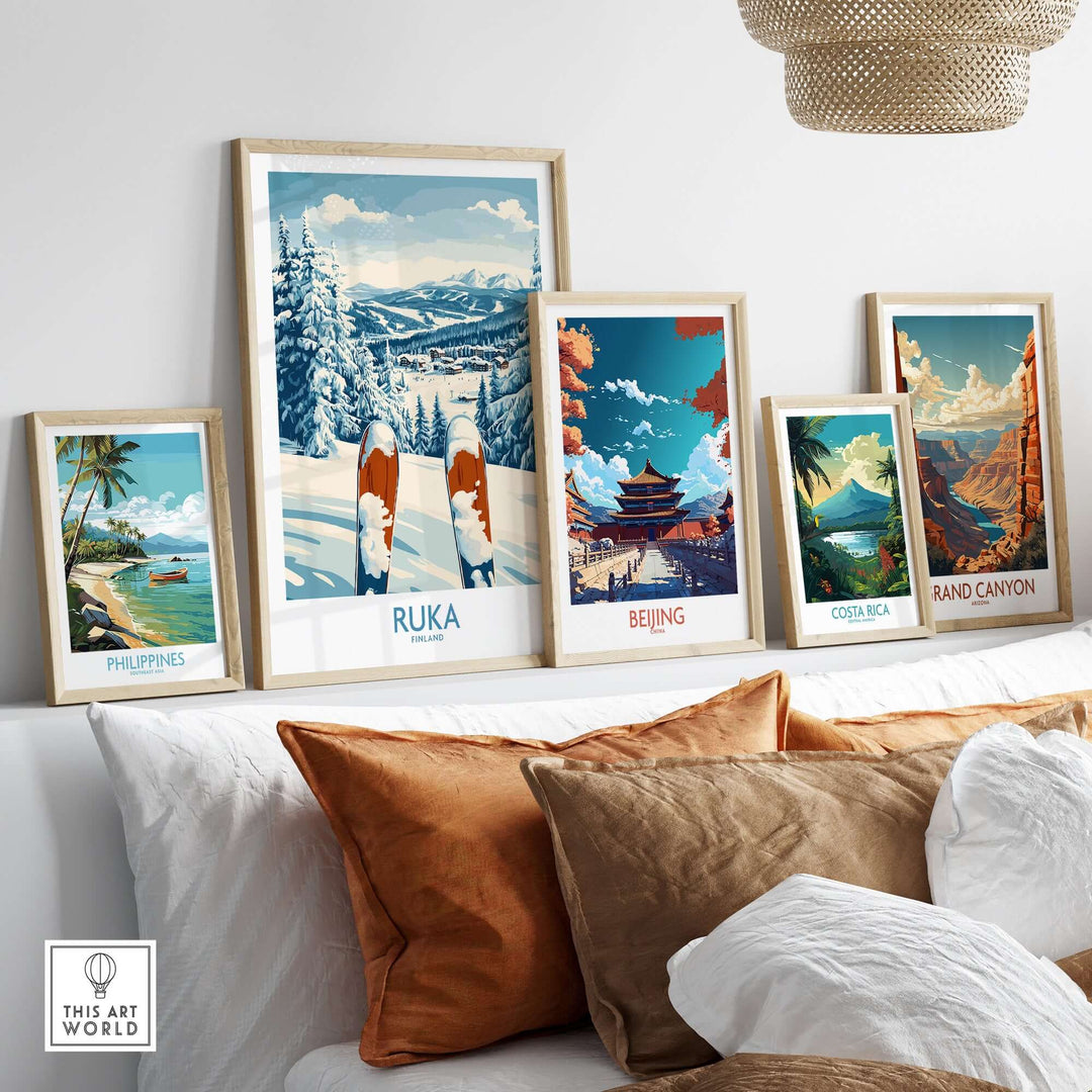 Framed Ruka Ski Wall Art Print alongside travel prints from Philippines, Beijing, Costa Rica, and Grand Canyon on a stylish shelf.