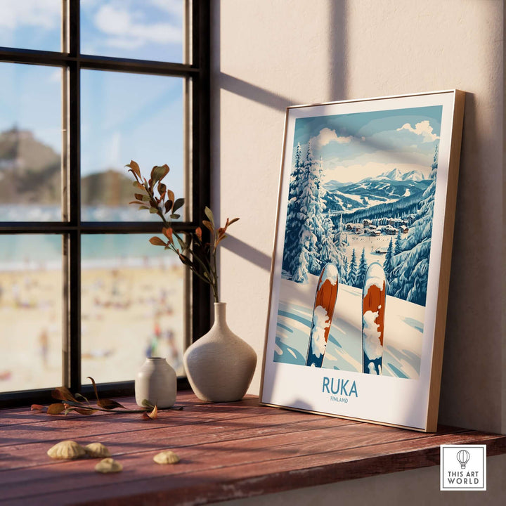 Ruka Ski Wall Art Print showcasing vibrant snowy landscape with skis, perfect for adventure lovers' home decor.