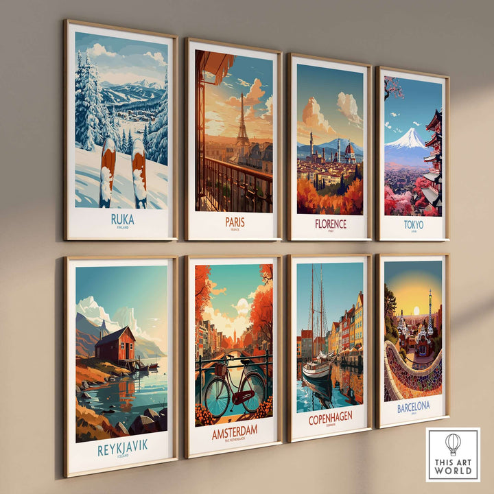 Collage of vibrant travel poster prints including Ruka, Paris, Florence, Tokyo, Reykjavik, Amsterdam, Copenhagen, Barcelona.