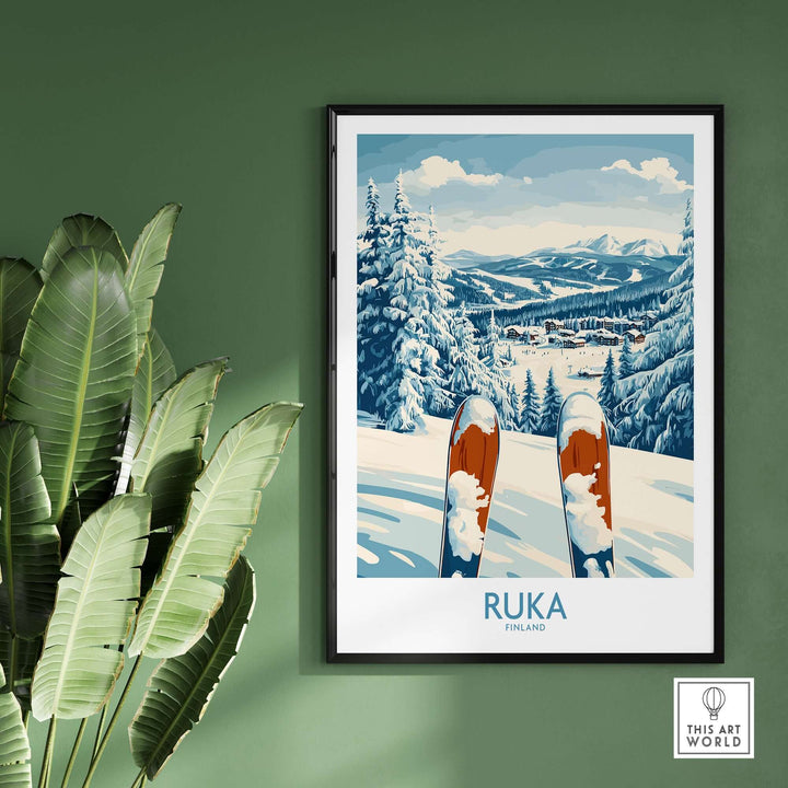 Ruka Ski Wall Art Print featuring vibrant skiing scene and snow-covered mountains, ideal for adventure lovers' decor.