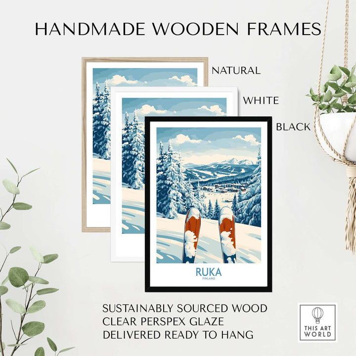 Ruka Ski Wall Art Print displayed in handmade wooden frames in natural, white, and black finishes.