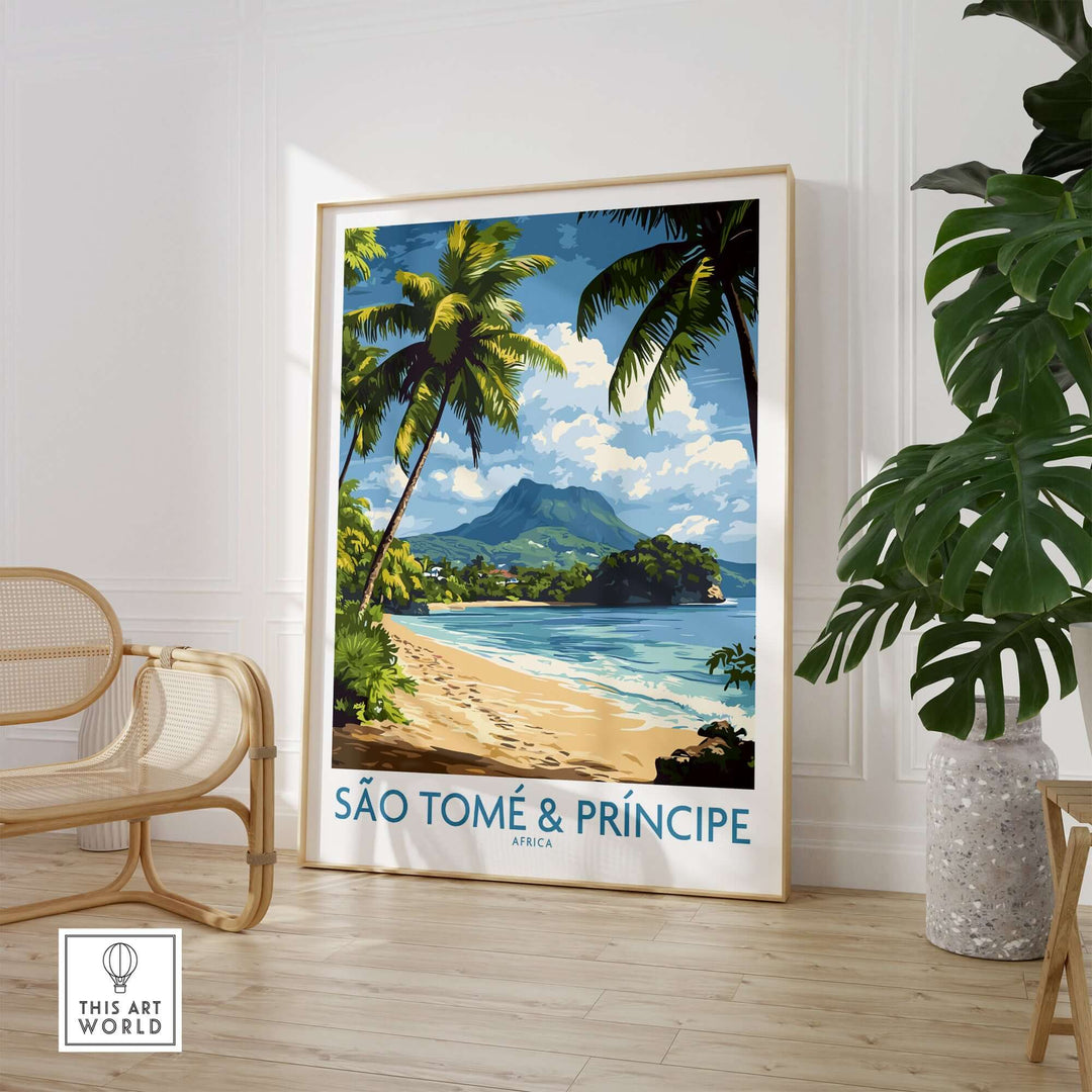 São Tomé & Príncipe beach travel art print featuring palm trees and mountains in a tropical setting.