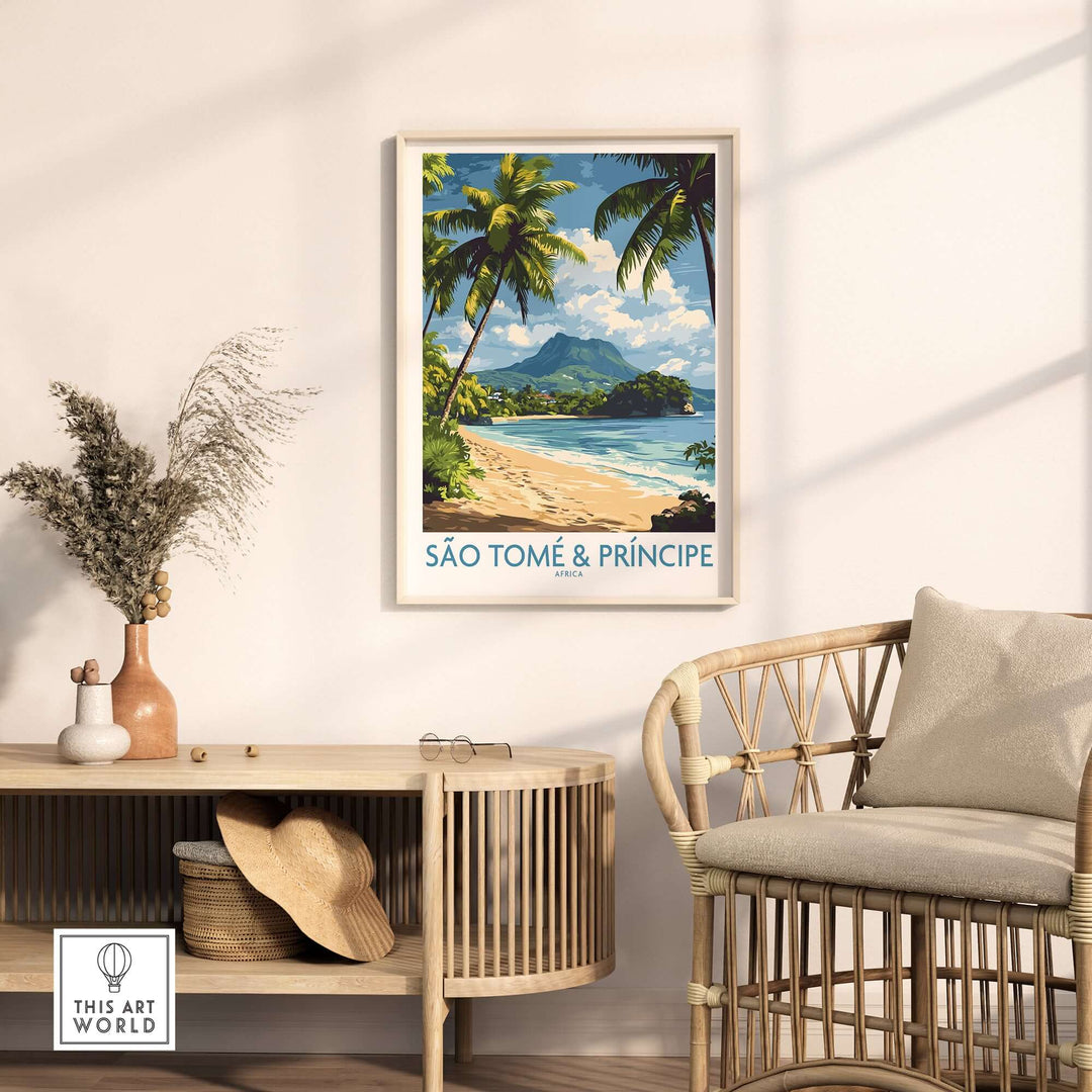 Vibrant Beach Travel Art Print of São Tomé & Príncipe displayed in a cozy living room setting.