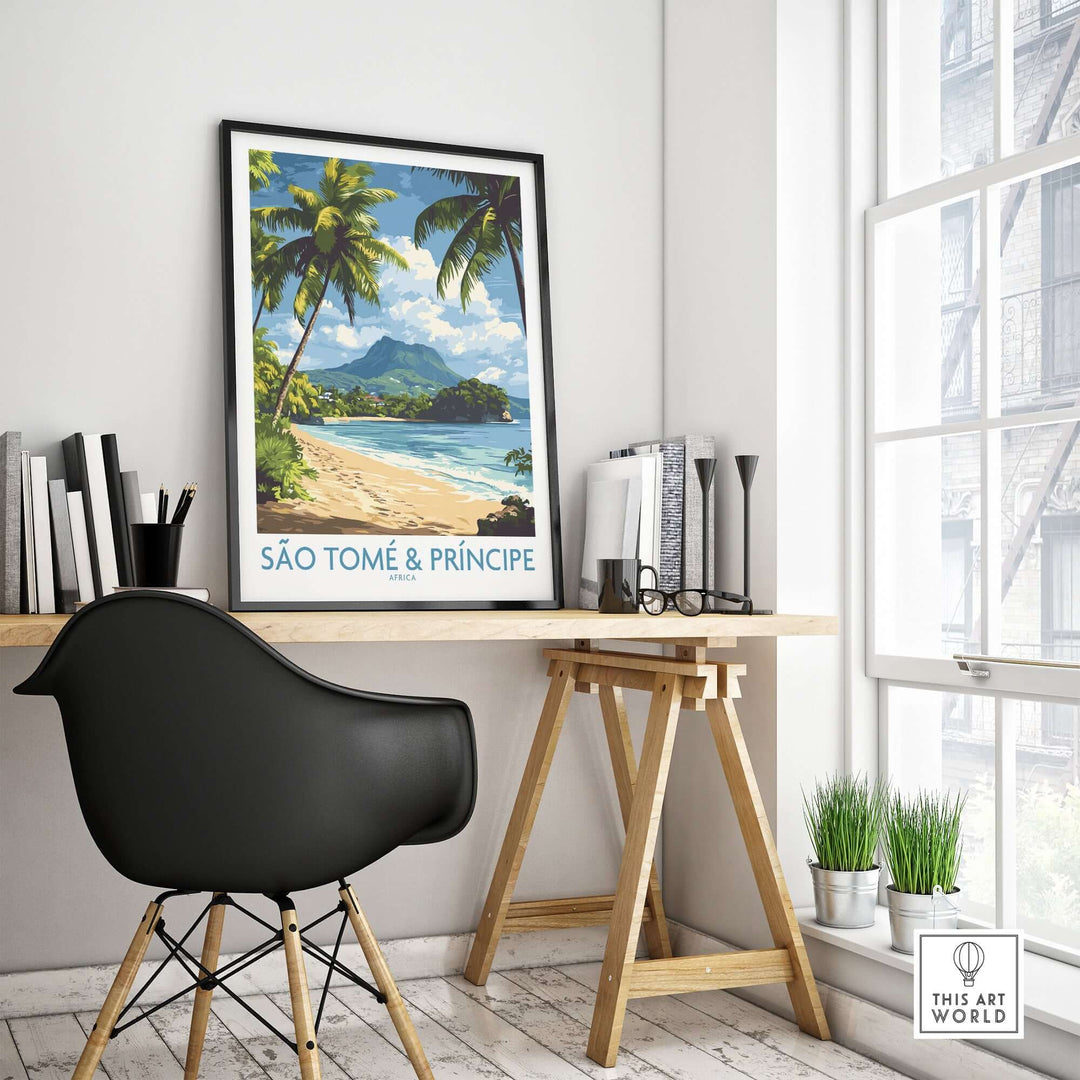 São Tomé & Príncipe beach travel art print displayed in a modern workspace, showcasing tropical scenery and vibrant colors.