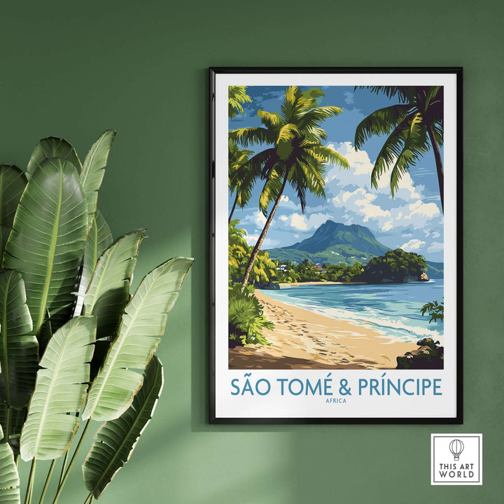 São Tomé & Príncipe beach travel art print featuring palm trees and a scenic mountain view.