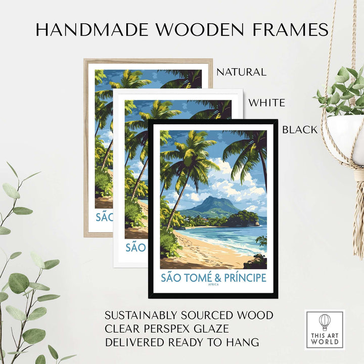 Three handmade wooden frames in natural, white, and black, showcasing a São Tomé & Príncipe beach print.