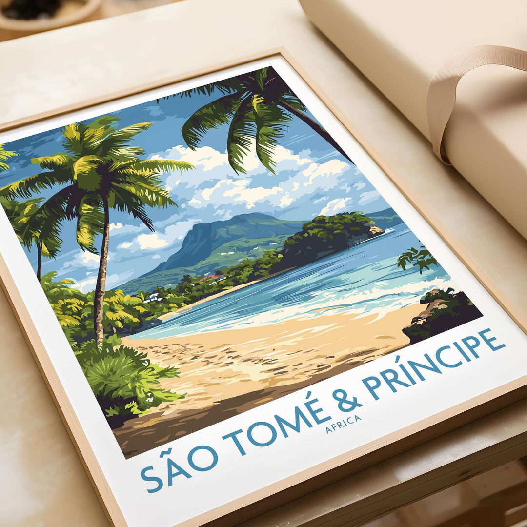 Vibrant Beach Travel Art Print of São Tomé & Príncipe featuring clear waters and tropical palms.