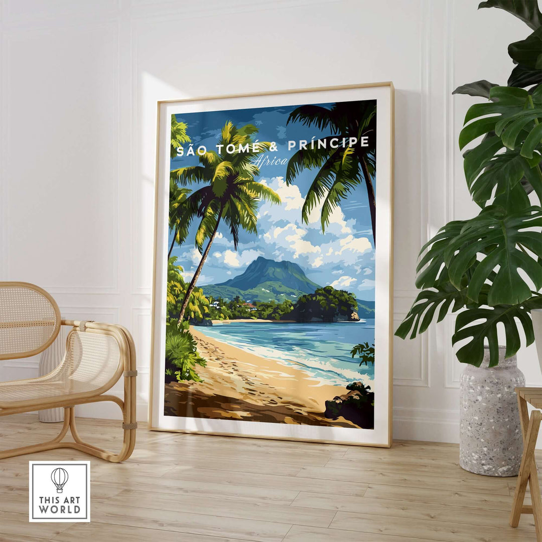 São Tomé & Príncipe coastal travel print featuring vibrant colors and tropical landscape in a stylish interior setting.