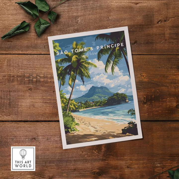 São Tomé & Príncipe travel print showcasing tropical beach and palm trees in vibrant colors.