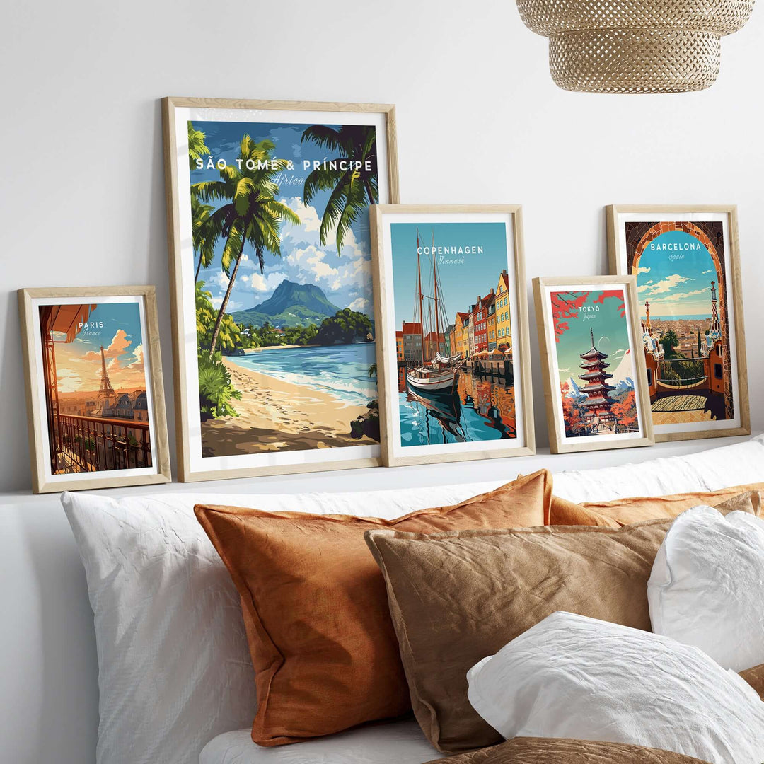 São Tomé & Príncipe Coastal Paradise travel print showcased among other vibrant city travel prints and decorative pillows.