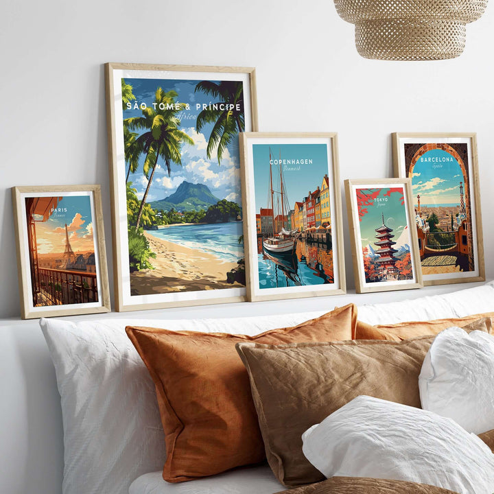 São Tomé & Príncipe Coastal Paradise travel print showcased among other vibrant city travel prints and decorative pillows.