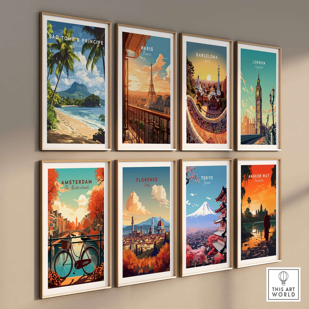Collection of vibrant travel prints featuring São Tomé, Paris, Barcelona, London, Amsterdam, Florence, Tokyo, and Bangkok.
