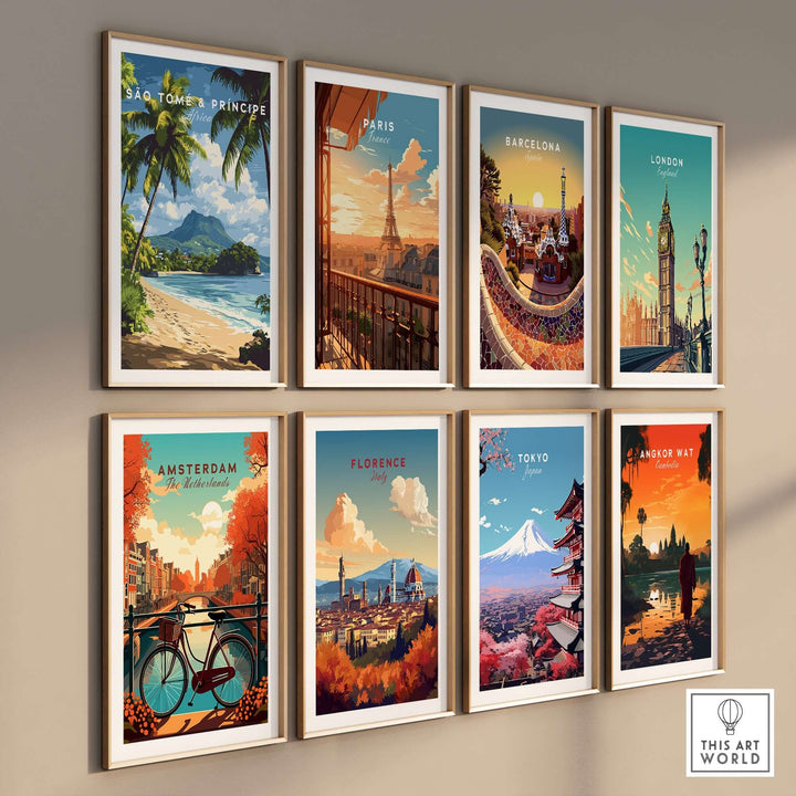 Collection of vibrant travel prints featuring São Tomé, Paris, Barcelona, London, Amsterdam, Florence, Tokyo, and Bangkok.