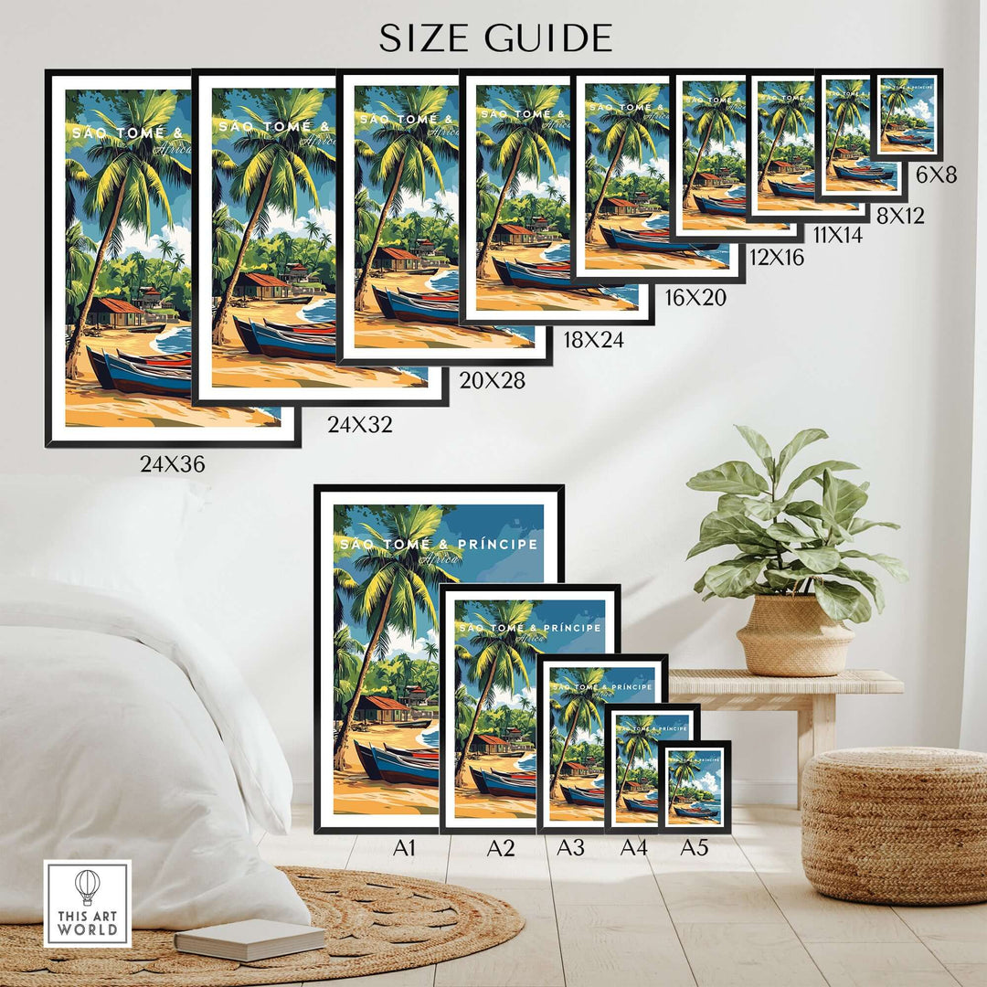 Size guide for São Tomé and Príncipe Tropical Bliss art poster showcasing various dimensions.