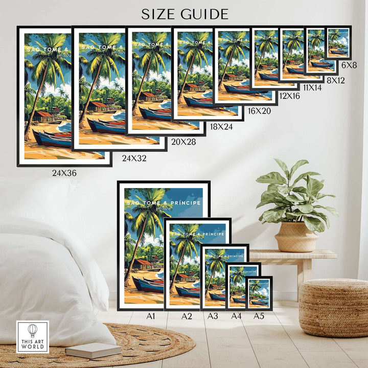 Size guide for São Tomé and Príncipe Tropical Bliss art poster showcasing various dimensions.