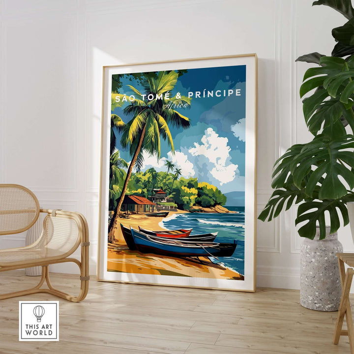 São Tomé and Príncipe tropical art poster showcasing a serene beach scene with palm trees and boats.