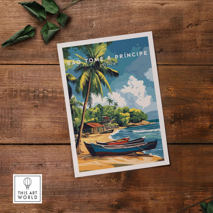 São Tomé and Príncipe poster featuring a tranquil beach scene with boats and palm trees, perfect for tropical décor.