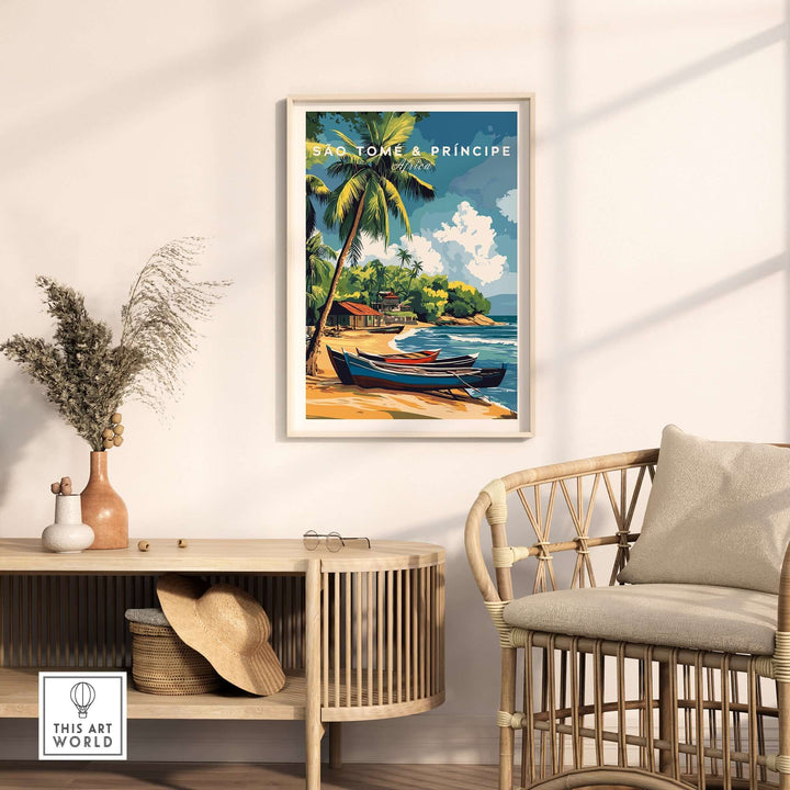 São Tomé and Príncipe poster featuring a serene beach scene with boats and palm trees for tropical home decor.