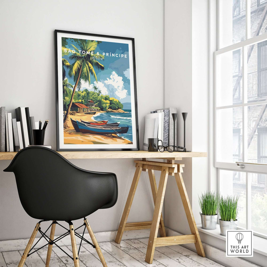 São Tomé and Príncipe Tropical Bliss art poster displayed in a modern workspace, featuring a beach scene and lush palm trees.