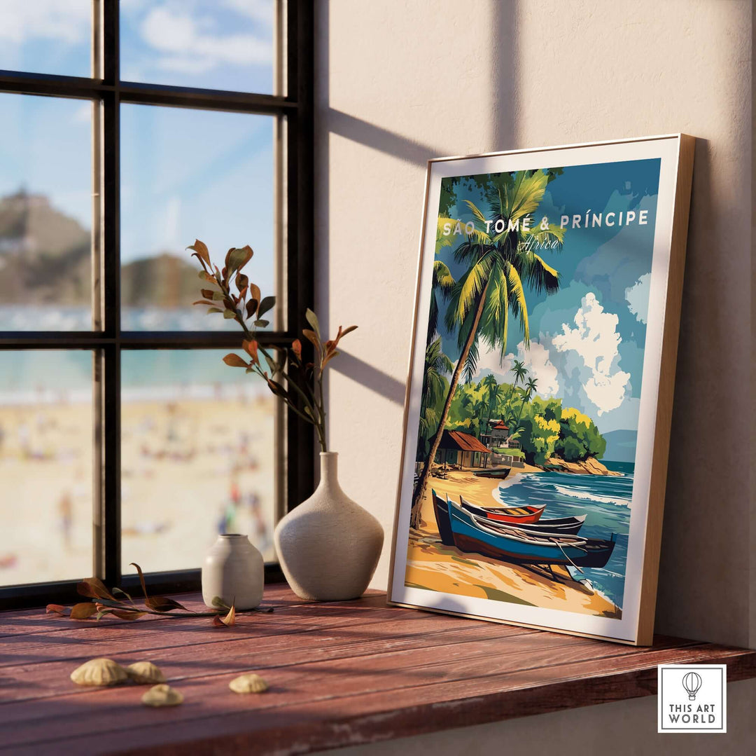 São Tomé and Príncipe poster showcasing a tropical beach scene with palm trees and boats, adding paradise to your home decor.