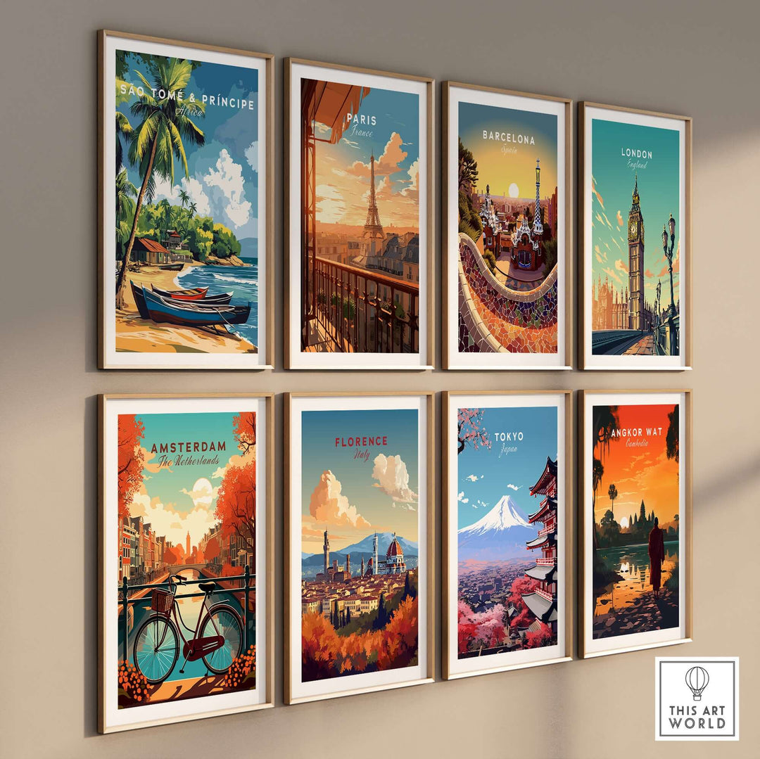 Gallery wall featuring travel posters of São Tomé and Príncipe, Paris, Barcelona, London, Amsterdam, Florence, Tokyo, and Bangkok.