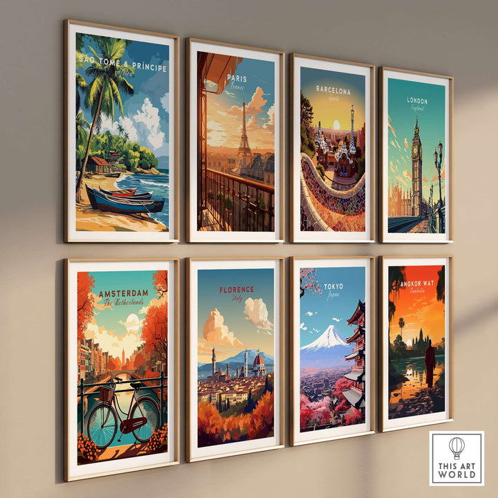 Gallery wall featuring travel posters of São Tomé and Príncipe, Paris, Barcelona, London, Amsterdam, Florence, Tokyo, and Bangkok.