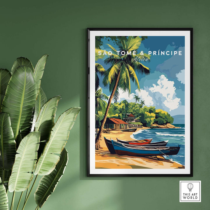 São Tomé and Príncipe Poster showcasing a tropical beach scene with palm trees and boats, perfect for home decor.