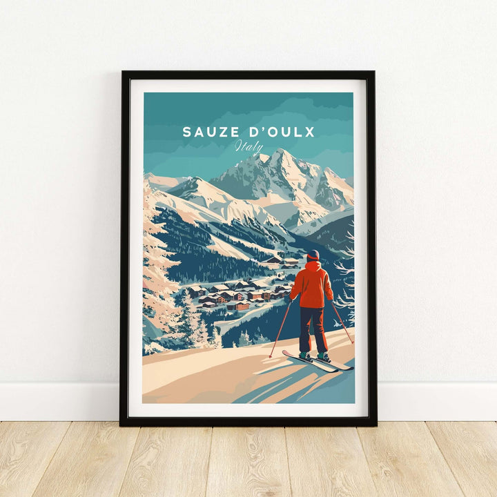 Sauze d'Oulx Italy ski print featuring a skier in the mountains, perfect for home decor and winter sports enthusiasts.