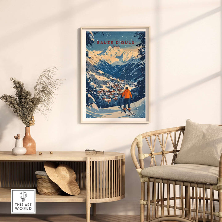 Sauze d'Oulx ski wall art print displayed in a modern living room, showcasing a snowy mountain landscape and skier.
