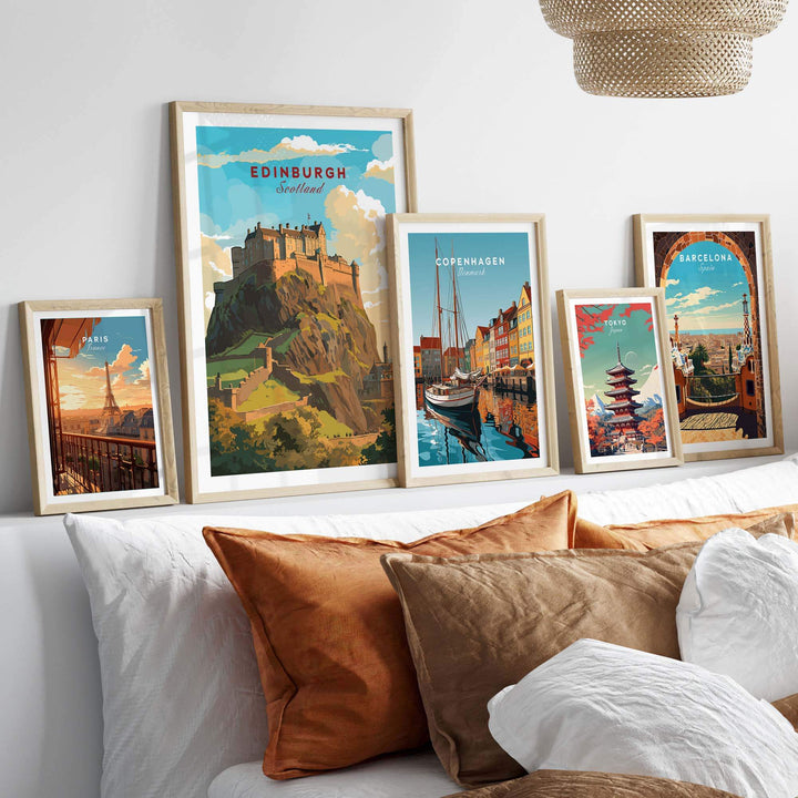 Edinburgh Poster Print showcasing Edinburgh Castle among other city art prints, perfect for home decor and travel lovers.