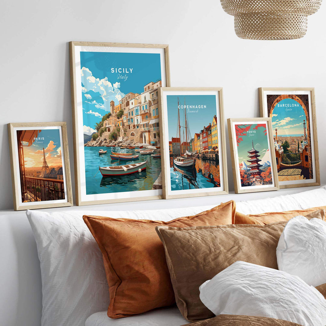 Sicily Wall Art Print displayed alongside city prints, enhancing home decor with Italian charm and vibrant colors.