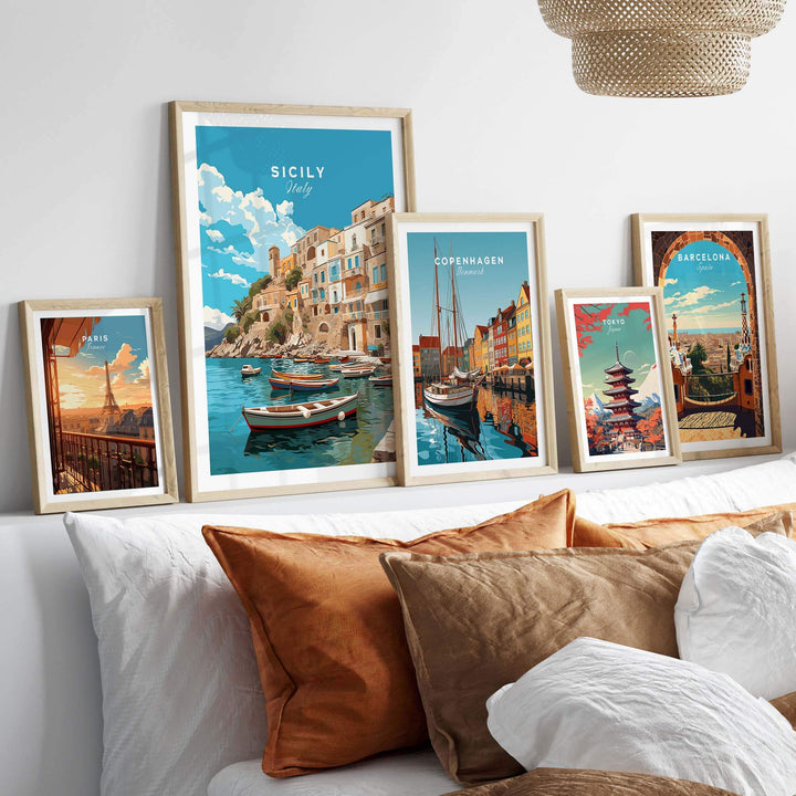 Sicily Wall Art Print displayed alongside city prints, enhancing home decor with Italian charm and vibrant colors.