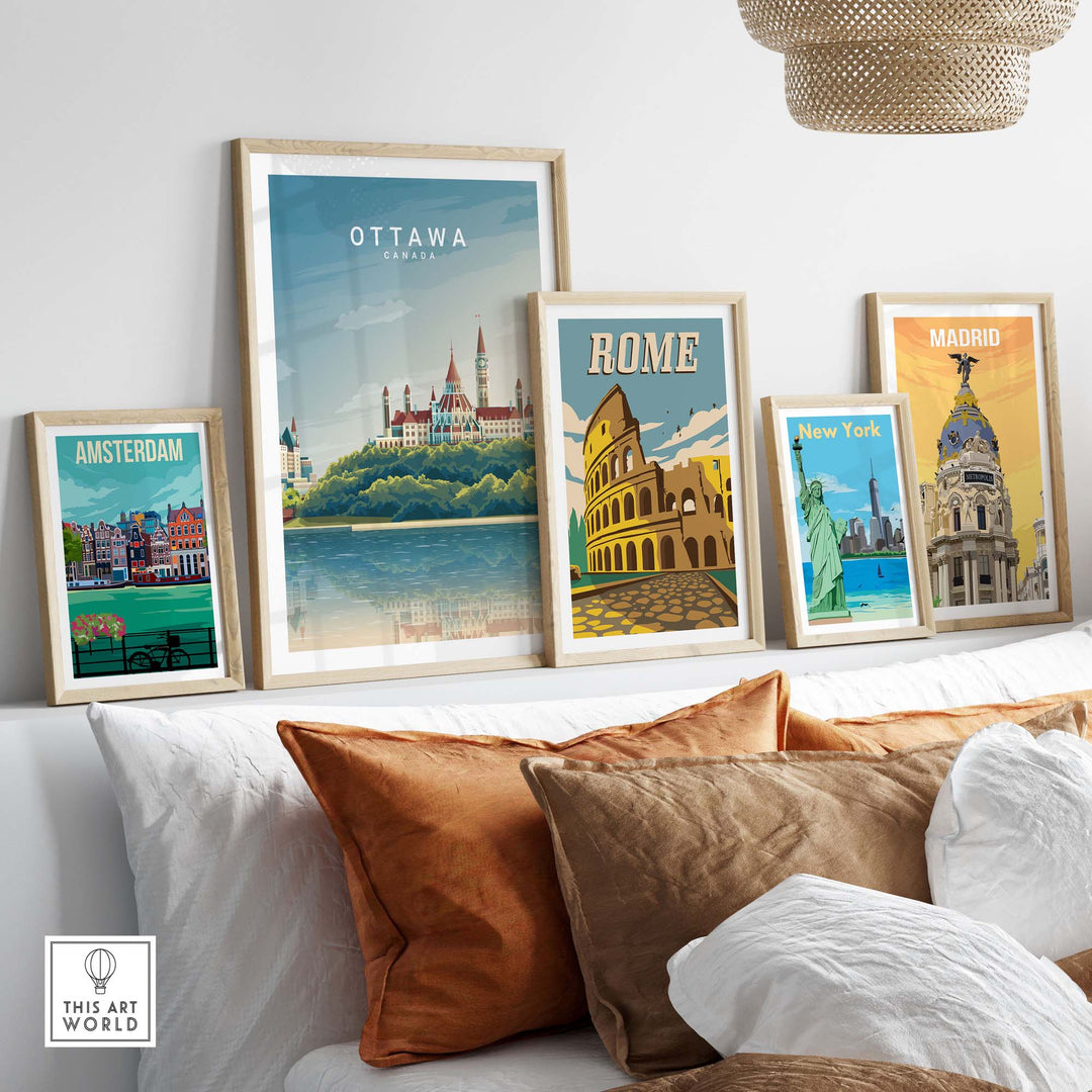 Ottawa Canada travel poster print among framed art of Amsterdam, Rome, New York, and Madrid on a cozy sofa backdrop.