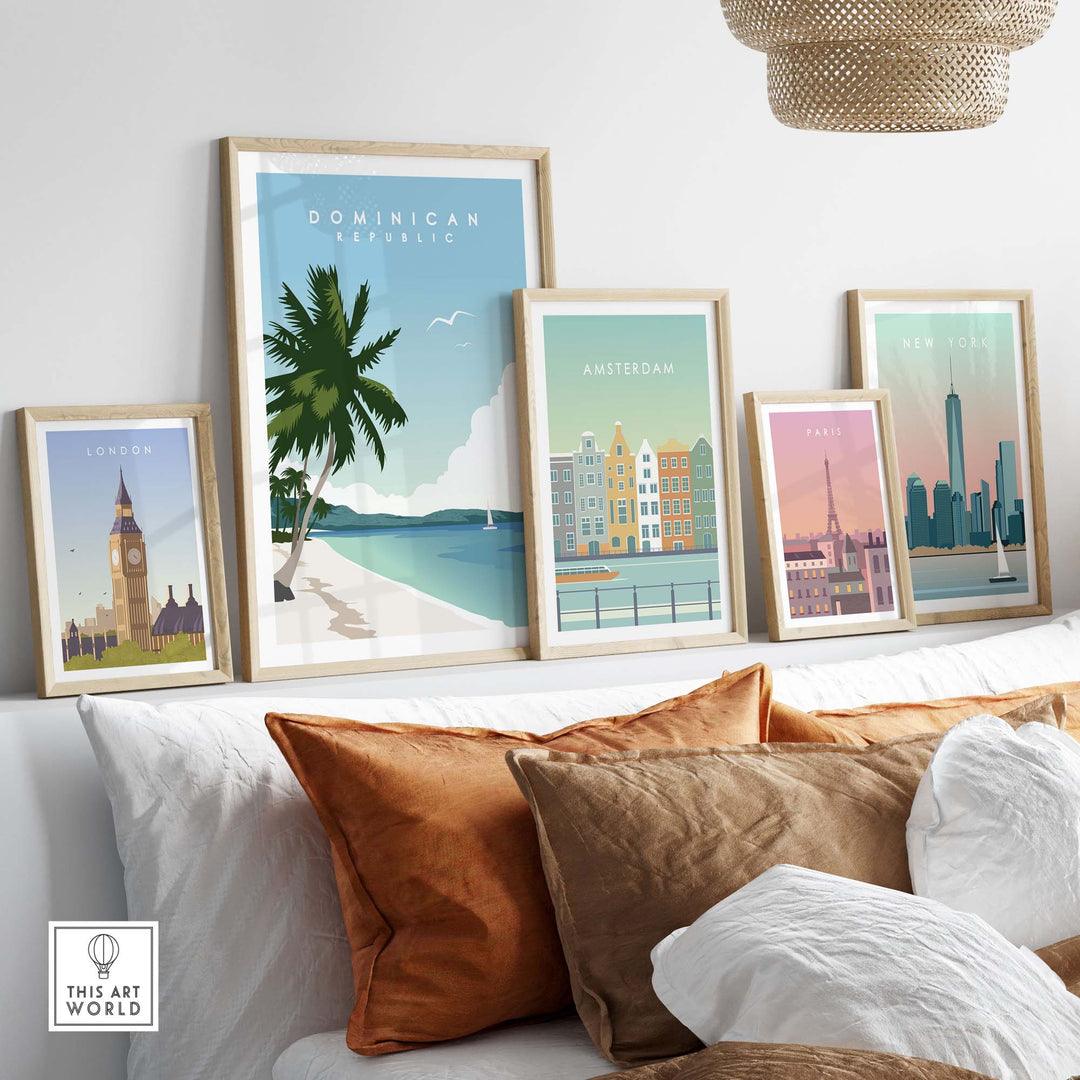 Vibrant Dominican Republic travel poster among other city art prints on a stylish wall above a cozy sofa.