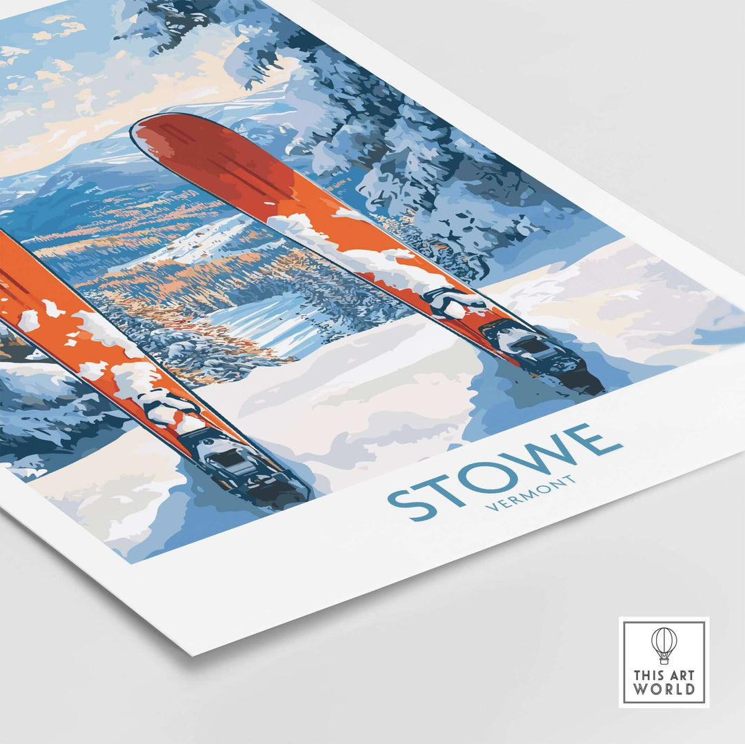 Stowe Vermont ski destination art print featuring colorful skis and snowy landscape, perfect for winter sports lovers.