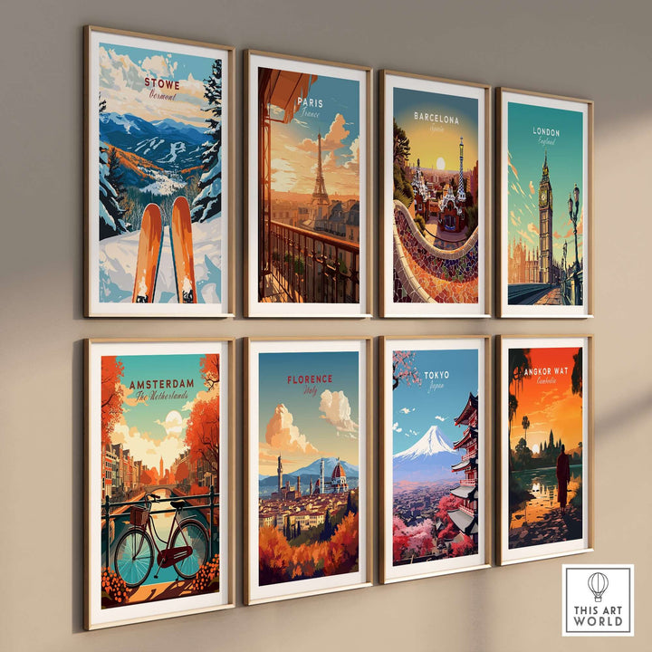 Gallery of vintage city travel posters including Stowe, Vermont, Paris, Barcelona, London, and more.
